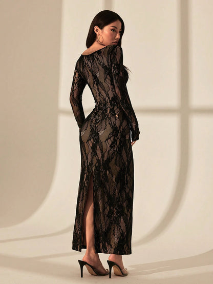 PETITE Women's Autumn Party Night Dinner Date Evening Sexy S-Shaped Lace Long-Sleeved Breast Cup Fishbone Square Neck Bodycon Black Floral Maxi Dress