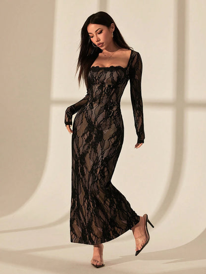 PETITE Women's Autumn Party Night Dinner Date Evening Sexy S-Shaped Lace Long-Sleeved Breast Cup Fishbone Square Neck Bodycon Black Floral Maxi Dress