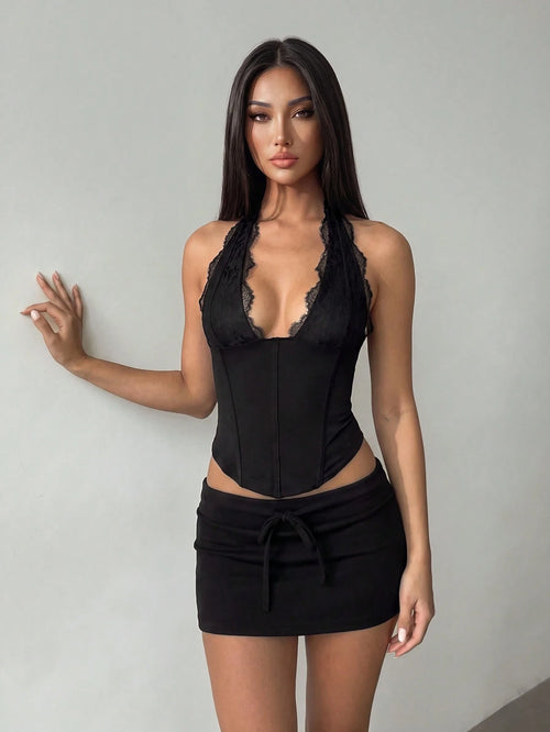 PETITE Women's Black Summer 70s Club Party Disco Elegant Lace Patchwork Fitted Backless Camisole, Hollow Out Outing Top, Suitable For Valentine's Day, Date, Party