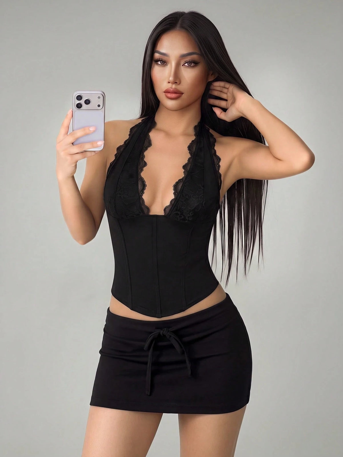 PETITE Women's Black Summer 70s Club Party Disco Elegant Lace Patchwork Fitted Backless Camisole, Hollow Out Outing Top, Suitable For Valentine's Day, Date, Party