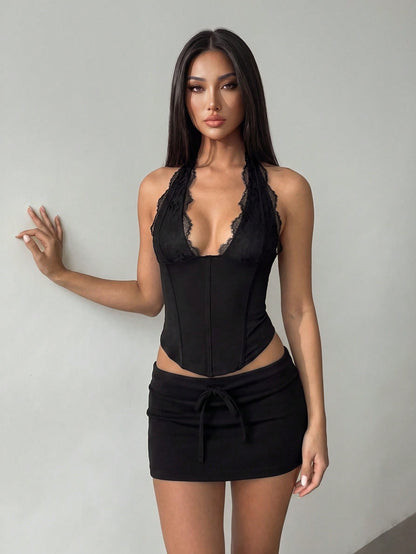 PETITE Women's Black Summer 70s Club Party Disco Elegant Lace Patchwork Fitted Backless Camisole, Hollow Out Outing Top, Suitable For Valentine's Day, Date, Party