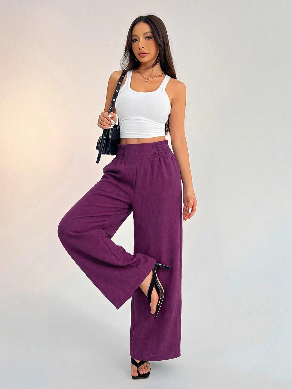 PETITE Women's Casual Vacation Waistband Blue Wide Leg Pants,Petite Women