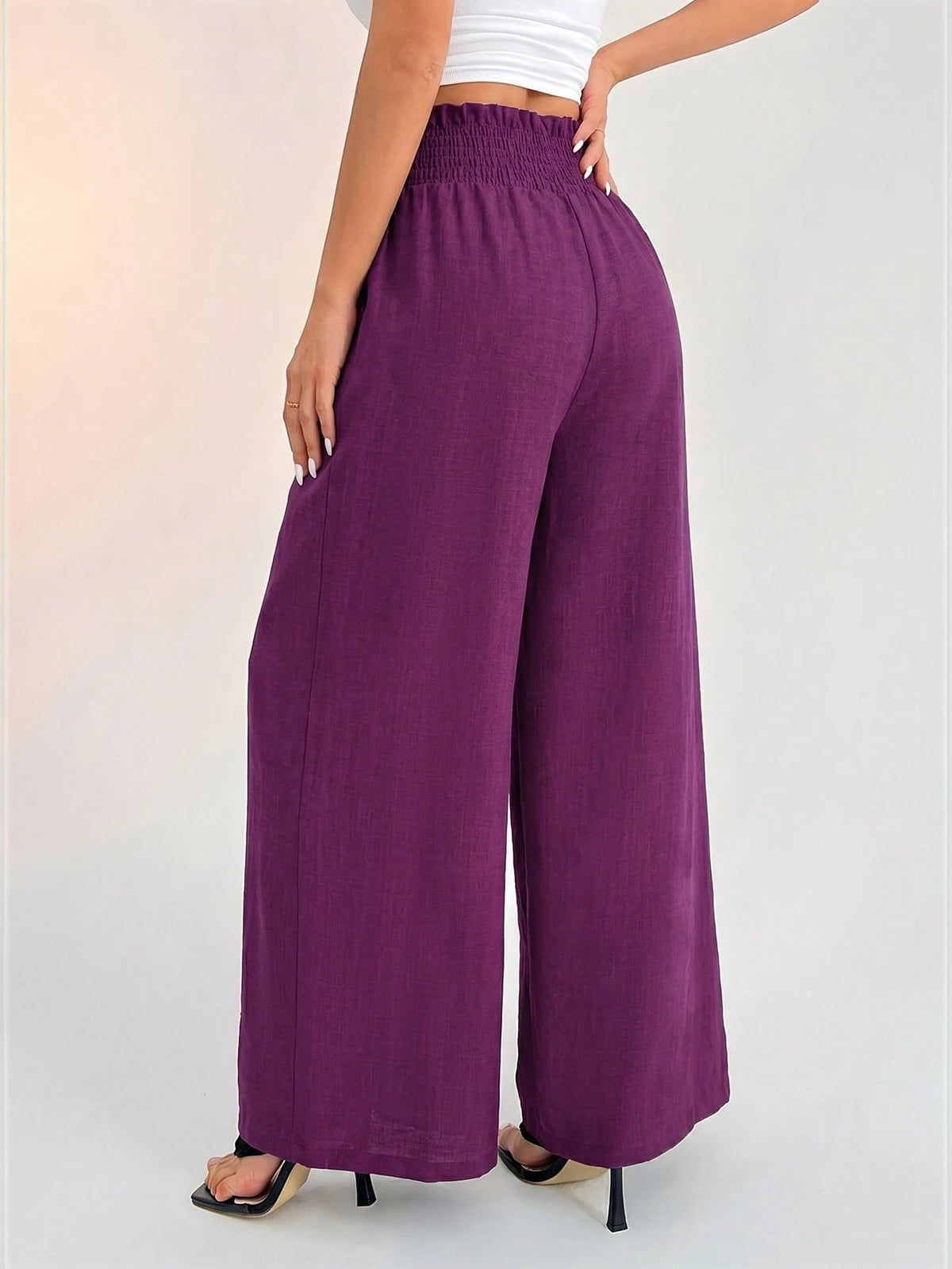 PETITE Women's Casual Vacation Waistband Blue Wide Leg Pants,Petite Women