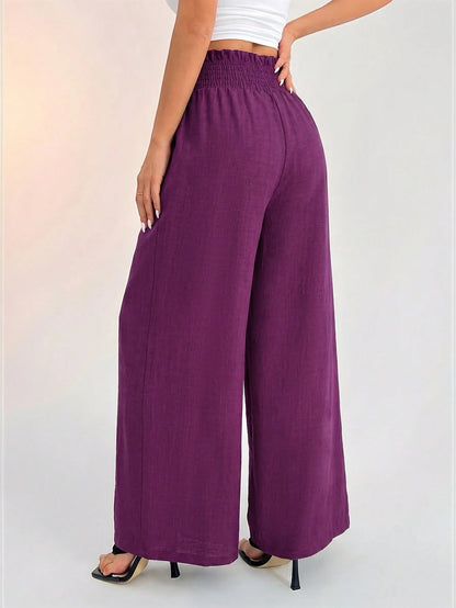 PETITE Women's Casual Vacation Waistband Blue Wide Leg Pants,Petite Women