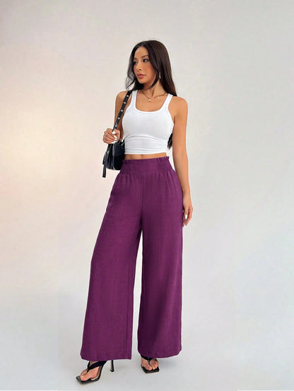 PETITE Women's Casual Vacation Waistband Blue Wide Leg Pants,Petite Women