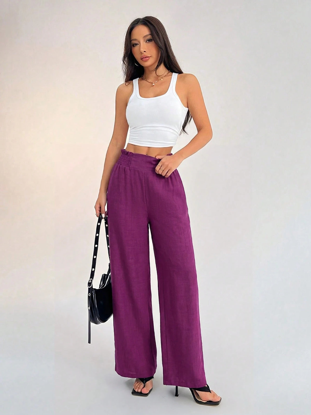 PETITE Women's Casual Vacation Waistband Blue Wide Leg Pants,Petite Women