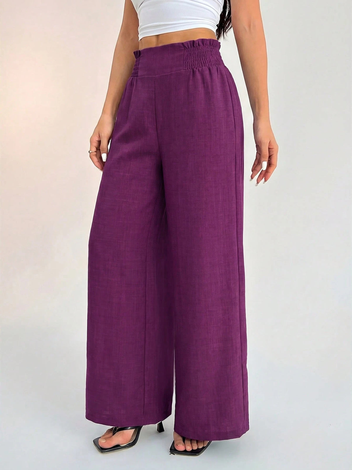 PETITE Women's Casual Vacation Waistband Blue Wide Leg Pants,Petite Women