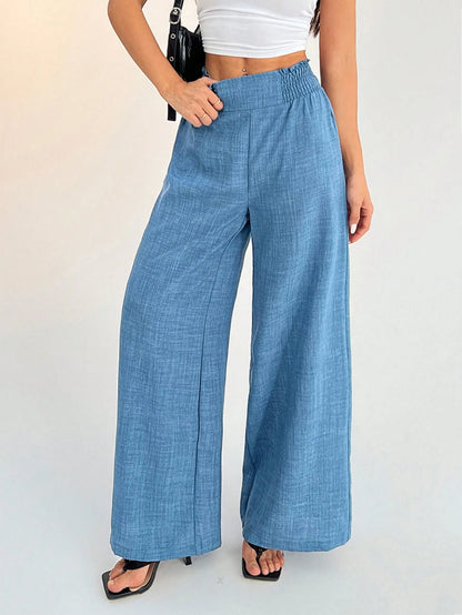 PETITE Women's Casual Vacation Waistband Blue Wide Leg Pants,Petite Women