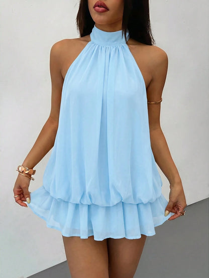 PETITE Women's Elegant Romantic Baby Blue Halter Neck Tie Mini Dress, Vacation And Date Party Outfit, Suitable For Autumn/Winter And Spring/Summer
