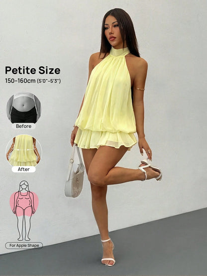 PETITE Women's Elegant Romantic Baby Blue Halter Neck Tie Mini Dress, Vacation And Date Party Outfit, Suitable For Autumn/Winter And Spring/Summer