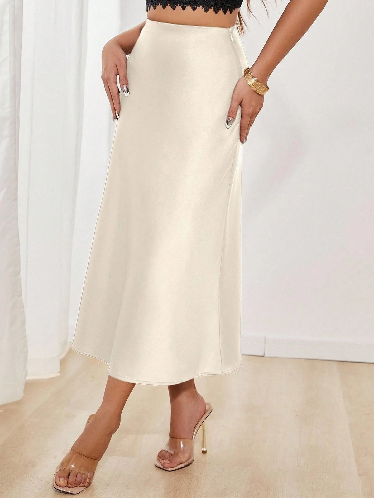 PETITE Women's Solid Color Mermaid Long Skirt, Satin Material, Elegant Skirt, Suitable For Women's Party And Daily Wear