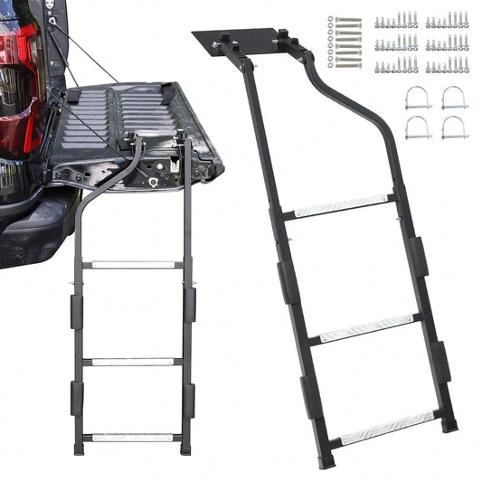 Pickup Truck Tailgate Ladder- Universal Truck Bed Ladder Easy Install With Stainless Steel Self Drilling Screws, Aluminum Step Grip Plates & Sturdy Rubber Ladder Feet, Straps And Bumper Pad
