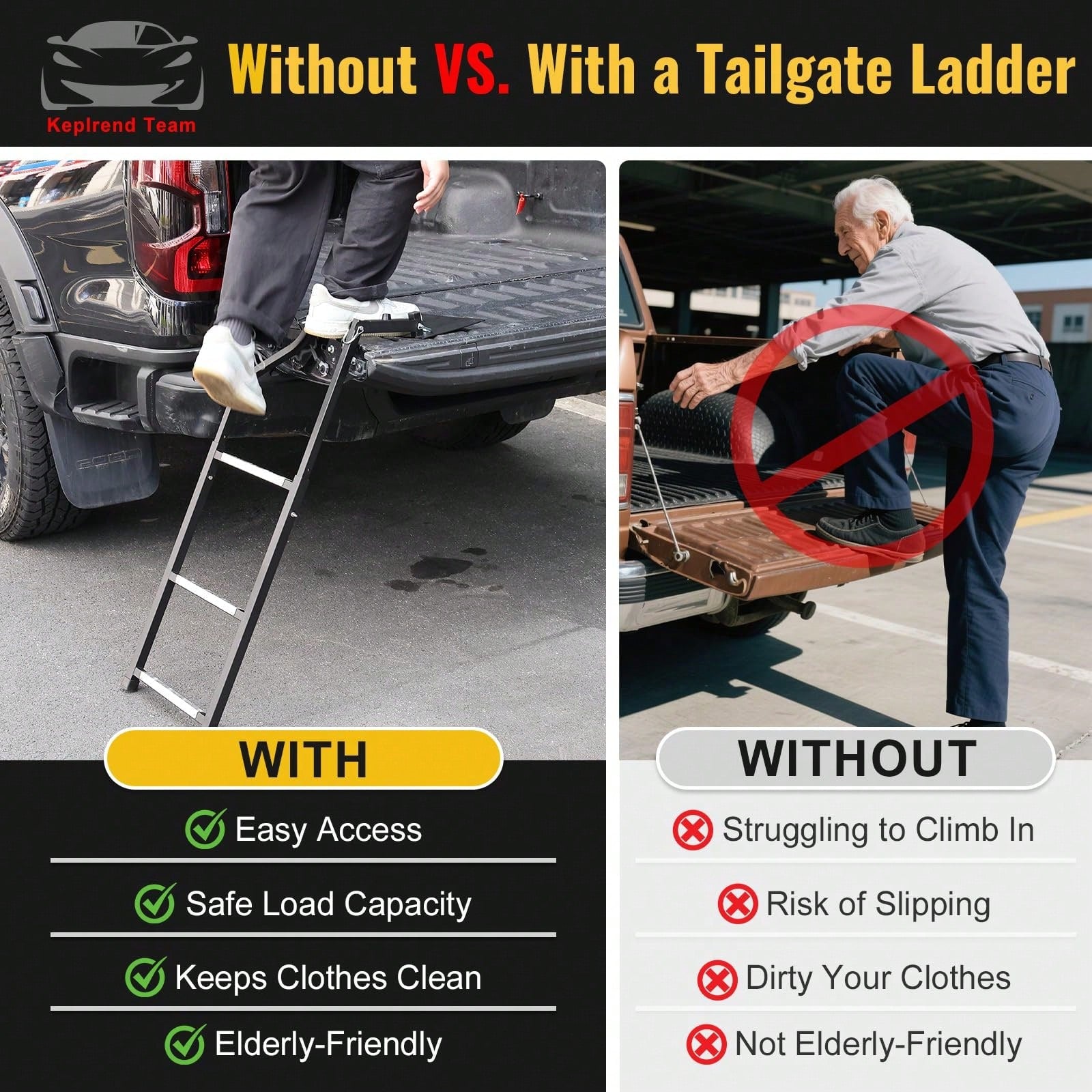 Pickup Truck Tailgate Ladder- Universal Truck Bed Ladder Easy Install With Stainless Steel Self Drilling Screws, Aluminum Step Grip Plates & Sturdy Rubber Ladder Feet, Straps And Bumper Pad
