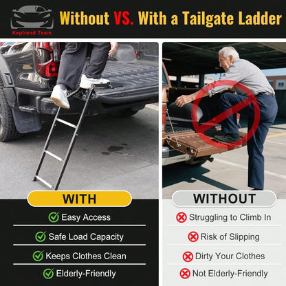 Pickup Truck Tailgate Ladder- Universal Truck Bed Ladder Easy Install With Stainless Steel Self Drilling Screws, Aluminum Step Grip Plates & Sturdy Rubber Ladder Feet, Straps And Bumper Pad