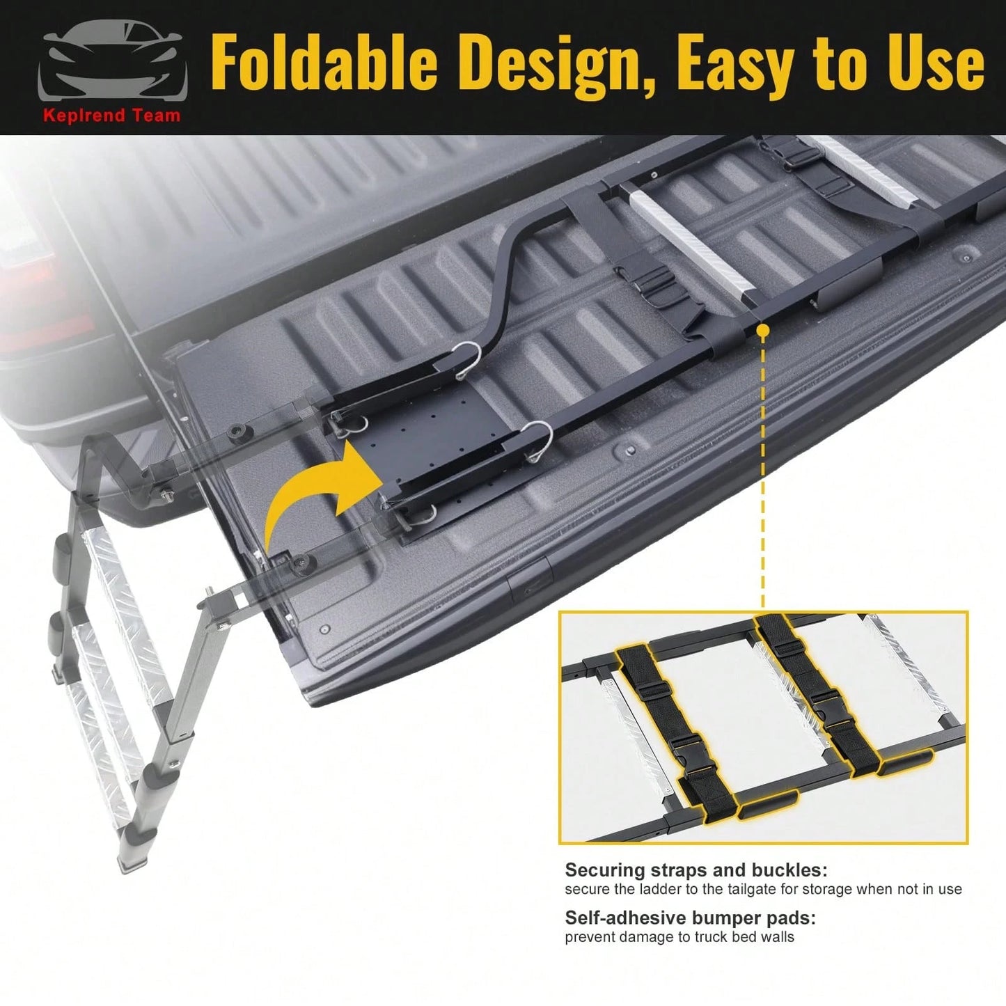 Pickup Truck Tailgate Ladder- Universal Truck Bed Ladder Easy Install With Stainless Steel Self Drilling Screws, Aluminum Step Grip Plates & Sturdy Rubber Ladder Feet, Straps And Bumper Pad