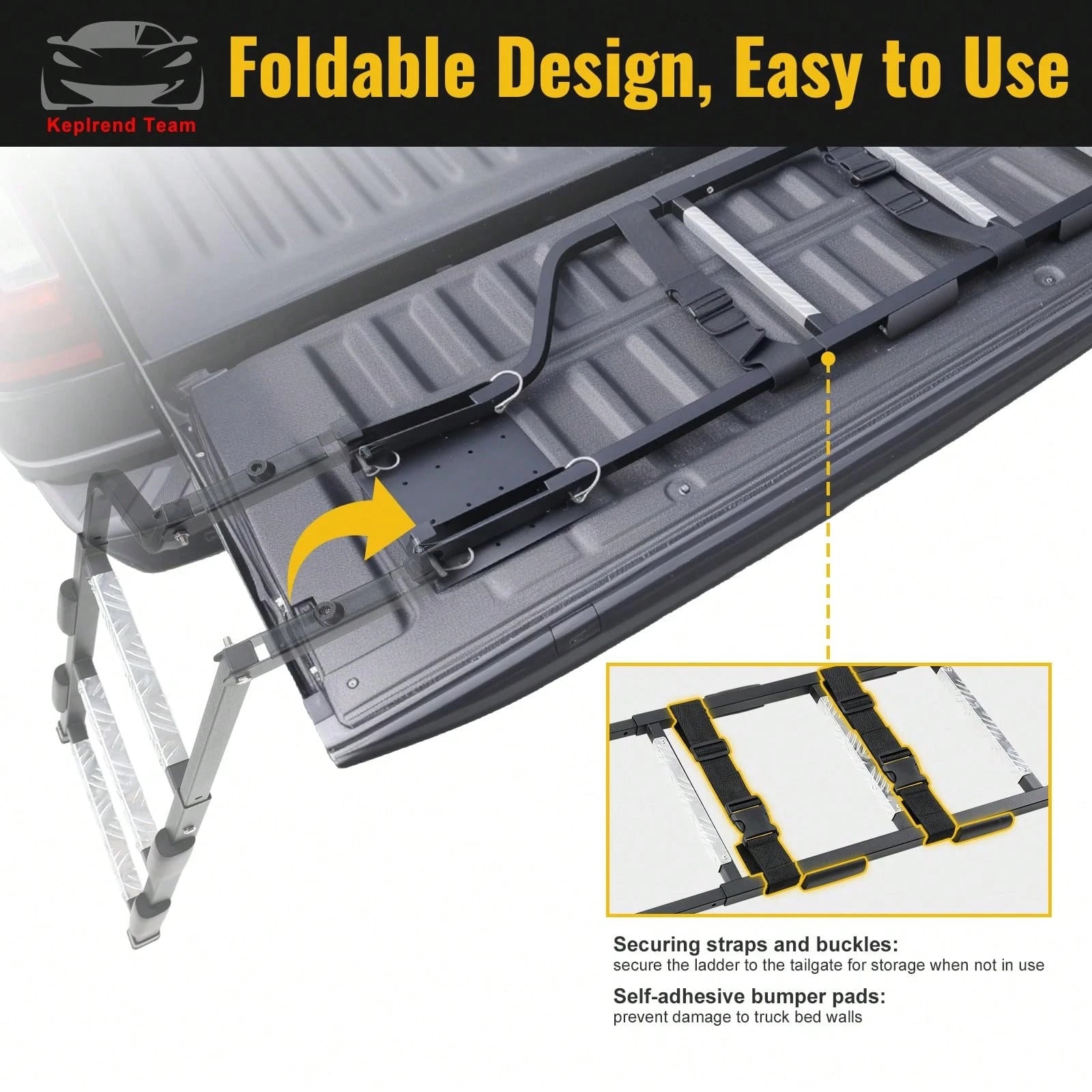 Pickup Truck Tailgate Ladder- Universal Truck Bed Ladder Easy Install With Stainless Steel Self Drilling Screws, Aluminum Step Grip Plates & Sturdy Rubber Ladder Feet, Straps And Bumper Pad