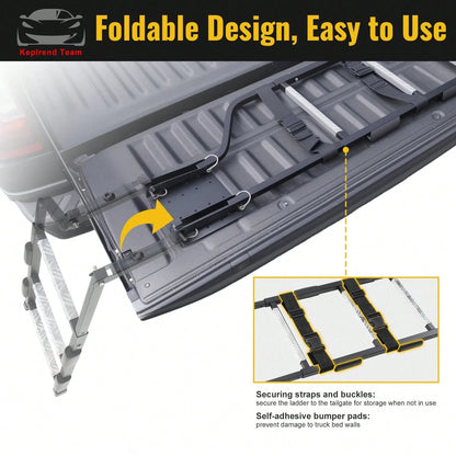 Pickup Truck Tailgate Ladder- Universal Truck Bed Ladder Easy Install With Stainless Steel Self Drilling Screws, Aluminum Step Grip Plates & Sturdy Rubber Ladder Feet, Straps And Bumper Pad