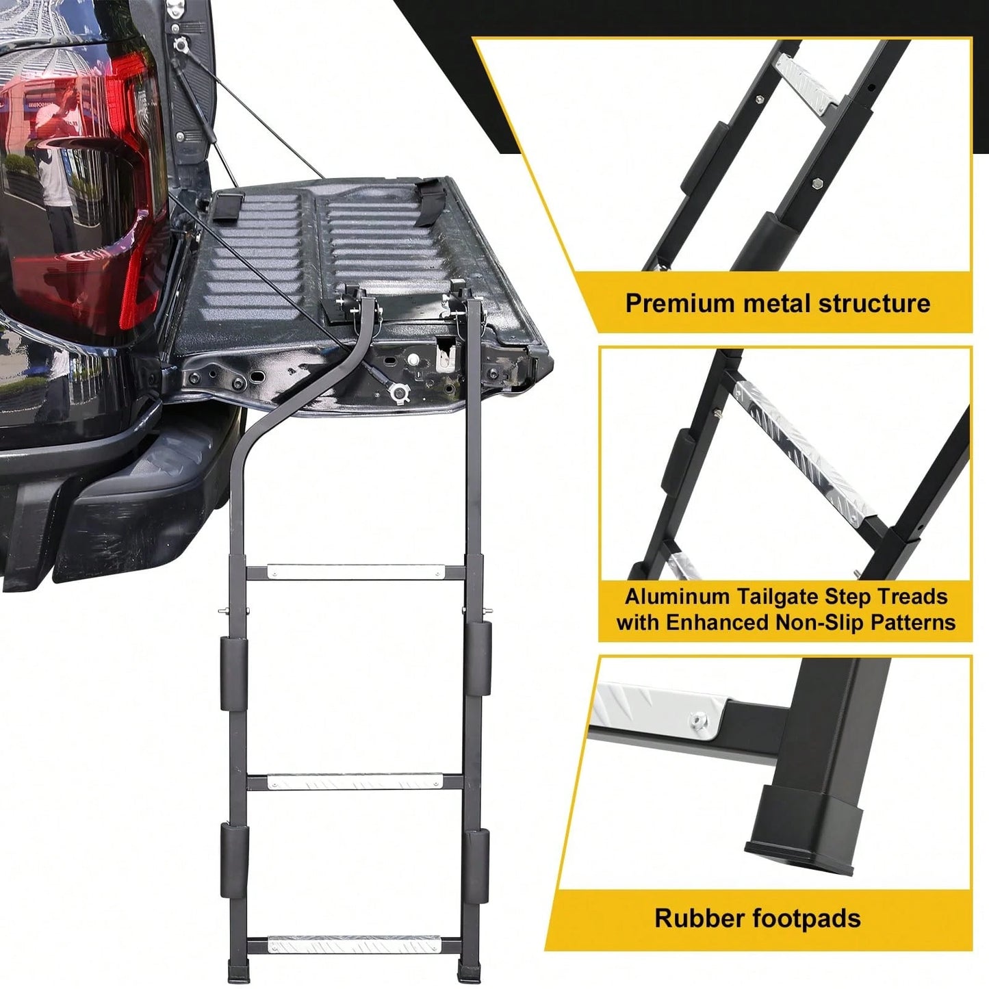 Pickup Truck Tailgate Ladder- Universal Truck Bed Ladder Easy Install With Stainless Steel Self Drilling Screws, Aluminum Step Grip Plates & Sturdy Rubber Ladder Feet, Straps And Bumper Pad
