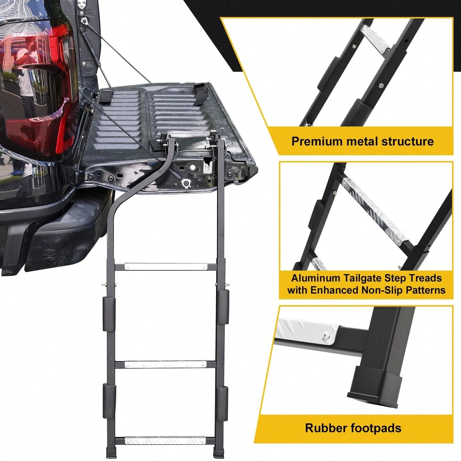 Pickup Truck Tailgate Ladder- Universal Truck Bed Ladder Easy Install With Stainless Steel Self Drilling Screws, Aluminum Step Grip Plates & Sturdy Rubber Ladder Feet, Straps And Bumper Pad