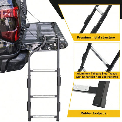 Pickup Truck Tailgate Ladder- Universal Truck Bed Ladder Easy Install With Stainless Steel Self Drilling Screws, Aluminum Step Grip Plates & Sturdy Rubber Ladder Feet, Straps And Bumper Pad