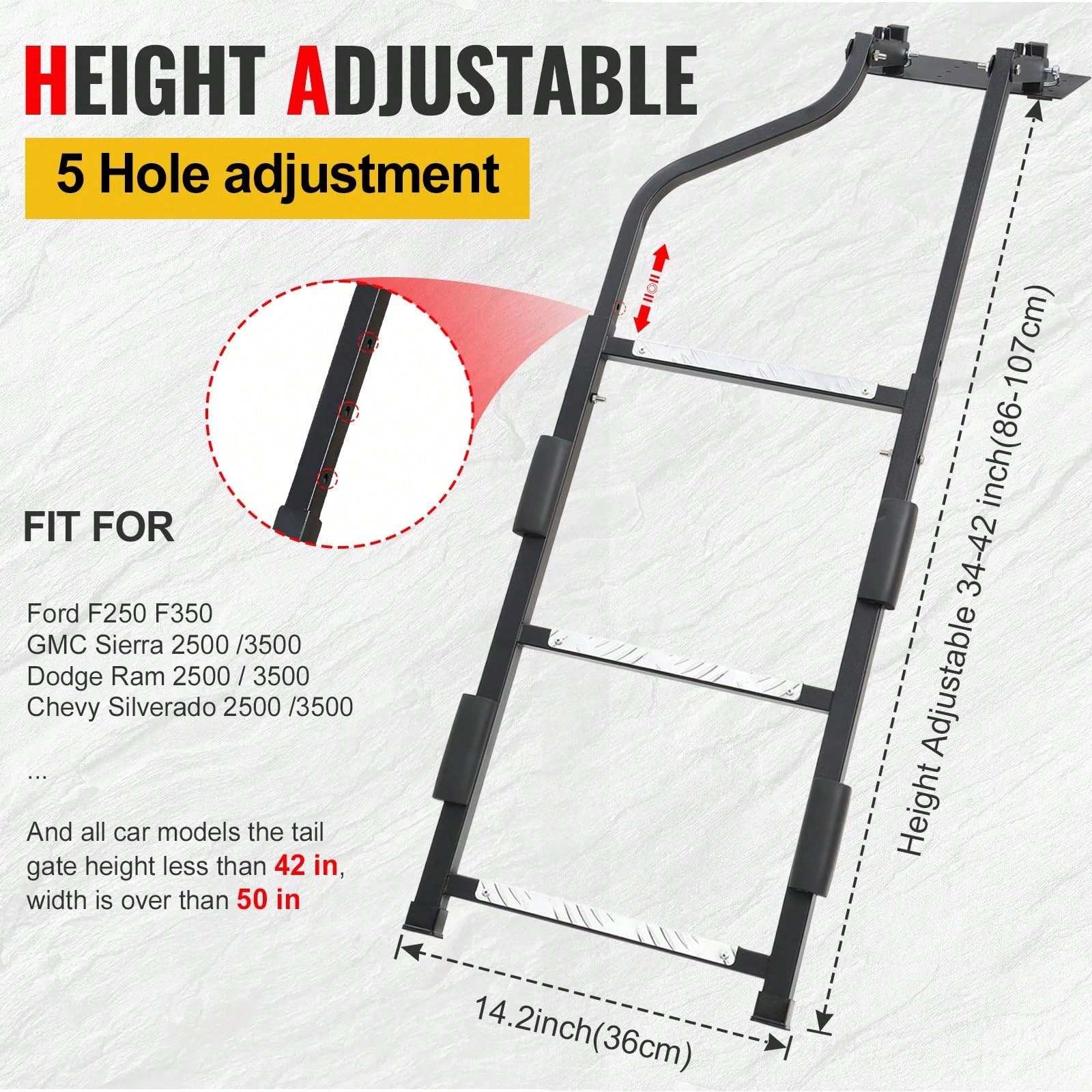 Pickup Truck Tailgate Ladder- Universal Truck Bed Ladder Easy Install With Stainless Steel Self Drilling Screws, Aluminum Step Grip Plates & Sturdy Rubber Ladder Feet, Straps And Bumper Pad