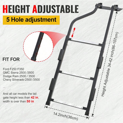 Pickup Truck Tailgate Ladder- Universal Truck Bed Ladder Easy Install With Stainless Steel Self Drilling Screws, Aluminum Step Grip Plates & Sturdy Rubber Ladder Feet, Straps And Bumper Pad