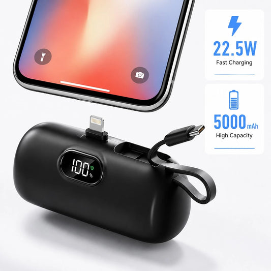 Pink 5000mAh Handbag Power Bank With Lightning Connector, Attached USB-C Cable And 22.5W Fast Charging, With Digital Battery Percentage Display, Rounded Capsule Body And Wrist Lanyard For Easy Carryin