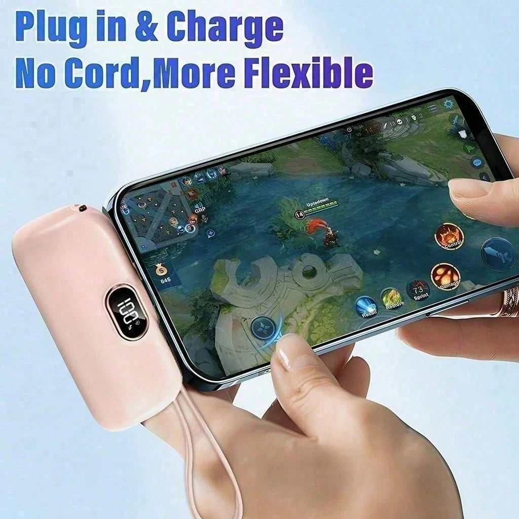 Pink 5000mAh Handbag Power Bank With Lightning Connector, Attached USB-C Cable And 22.5W Fast Charging, With Digital Battery Percentage Display, Rounded Capsule Body And Wrist Lanyard For Easy Carryin