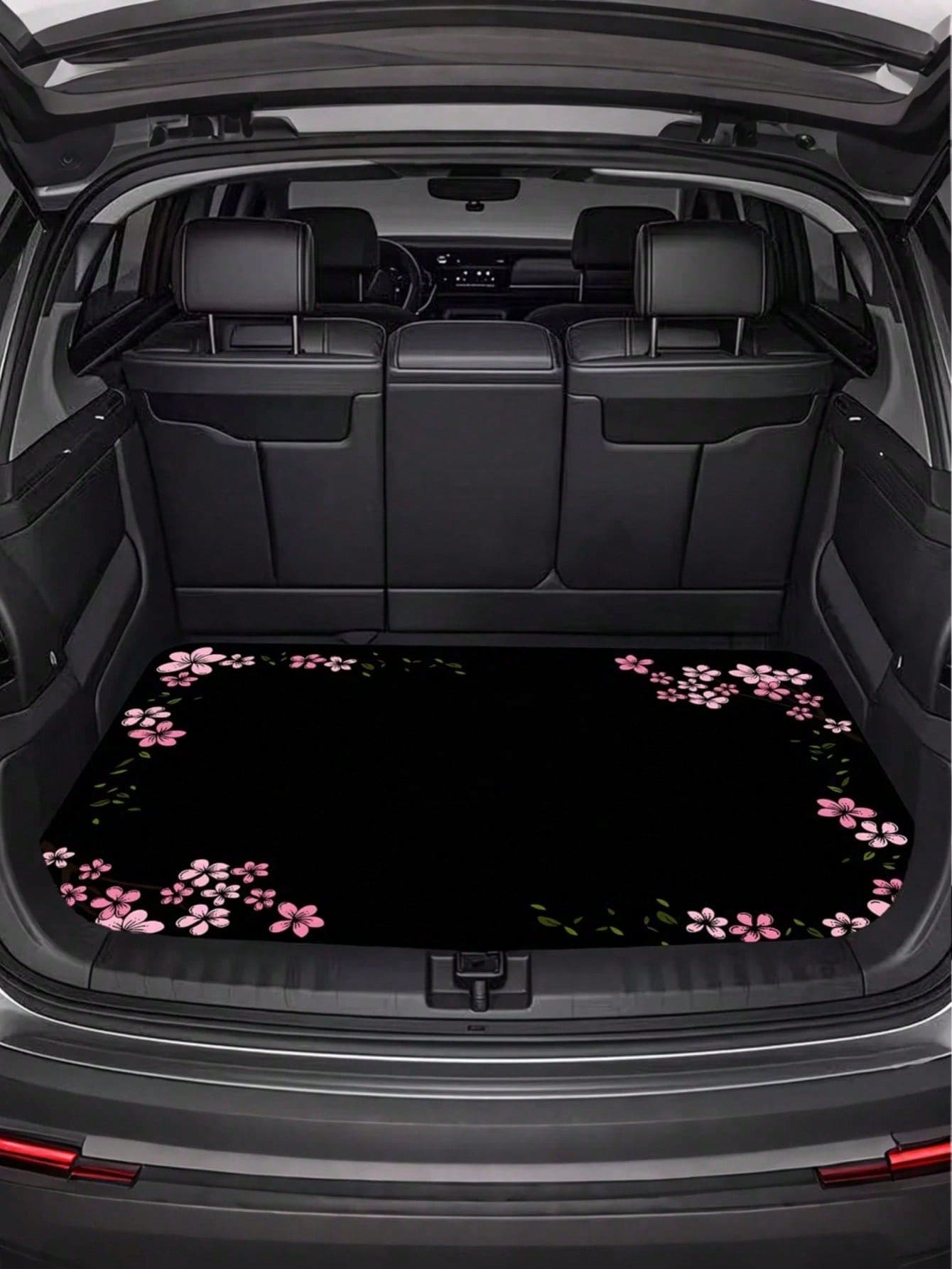 Pink Cherry Blossom Border Car Trunk Mat Non-Slip Rubber Back Waterproof Stain Resistant Cargo Liner Machine Washable Pet Hair Proof Trunk Protector Pad For SUV Sedan CUV Van Camping Road Trip Dog Own
