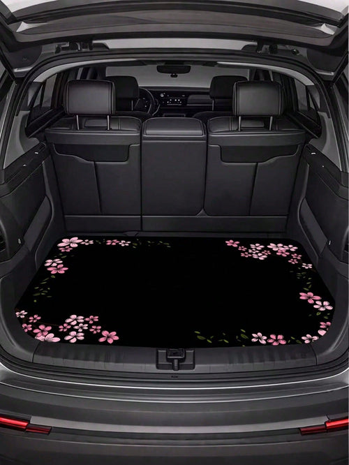 Pink Cherry Blossom Border Car Trunk Mat Non-Slip Rubber Back Waterproof Stain Resistant Cargo Liner Machine Washable Pet Hair Proof Trunk Protector Pad For SUV Sedan CUV Van Camping Road Trip Dog Own