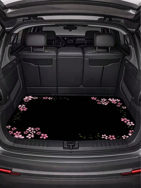 Pink Cherry Blossom Border Car Trunk Mat Non-Slip Rubber Back Waterproof Stain Resistant Cargo Liner Machine Washable Pet Hair Proof Trunk Protector Pad For SUV Sedan CUV Van Camping Road Trip Dog Own