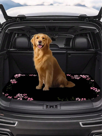 Pink Cherry Blossom Border Car Trunk Mat Non-Slip Rubber Back Waterproof Stain Resistant Cargo Liner Machine Washable Pet Hair Proof Trunk Protector Pad For SUV Sedan CUV Van Camping Road Trip Dog Own