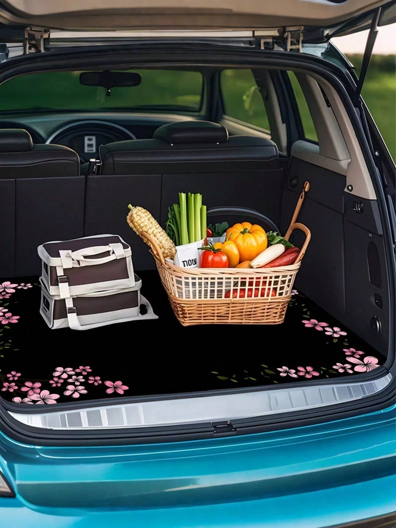 Pink Cherry Blossom Border Car Trunk Mat Non-Slip Rubber Back Waterproof Stain Resistant Cargo Liner Machine Washable Pet Hair Proof Trunk Protector Pad For SUV Sedan CUV Van Camping Road Trip Dog Own