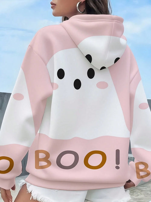 Pink Ghost Print Boo Letter Hoodie Suitable For Leisure And Sports Scenarios