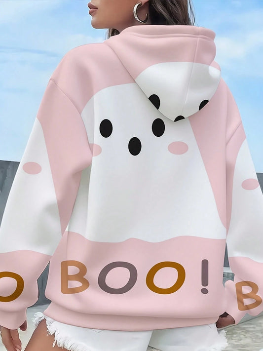 Pink Ghost Print Boo Letter Hoodie Suitable For Leisure And Sports Scenarios