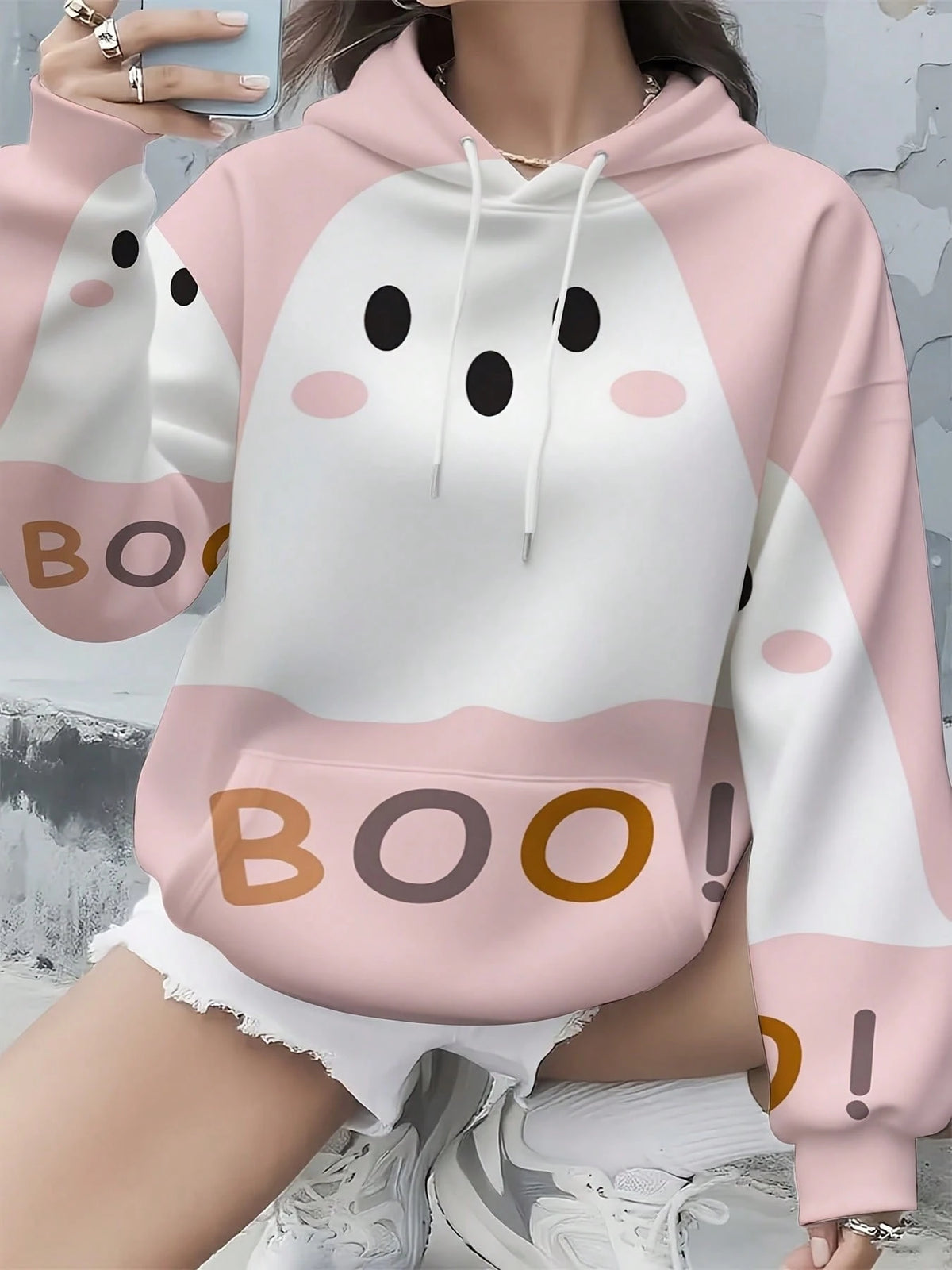 Pink Ghost Print Boo Letter Hoodie Suitable For Leisure And Sports Scenarios