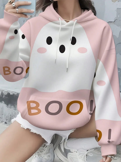 Pink Ghost Print Boo Letter Hoodie Suitable For Leisure And Sports Scenarios