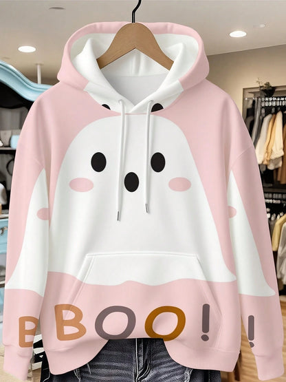 Pink Ghost Print Boo Letter Hoodie Suitable For Leisure And Sports Scenarios
