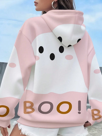 Pink Ghost Print Boo Letter Hoodie Suitable For Leisure And Sports Scenarios