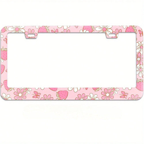 Pink Strawberry Butterfly Floral Car License Plate Frame, Stainless Steel Material, Rust-Resistant Design. This Car Accessory Includes Screws, Size Is 12.2X 6.3inch