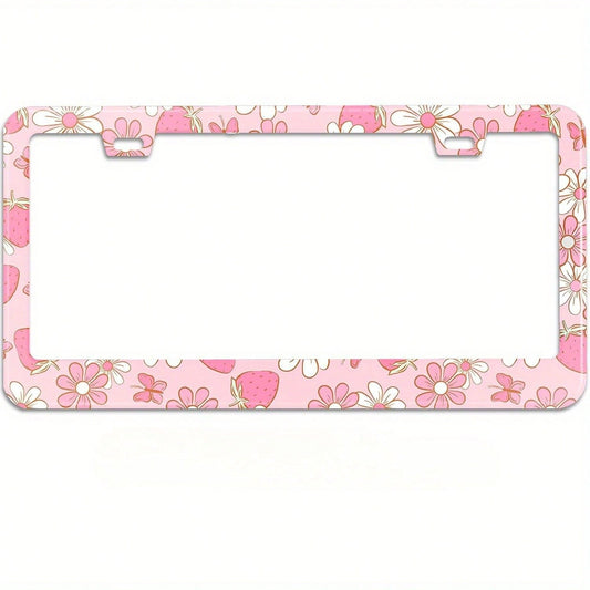 Pink Strawberry Butterfly Floral Car License Plate Frame, Stainless Steel Material, Rust-Resistant Design. This Car Accessory Includes Screws, Size Is 12.2X 6.3inch