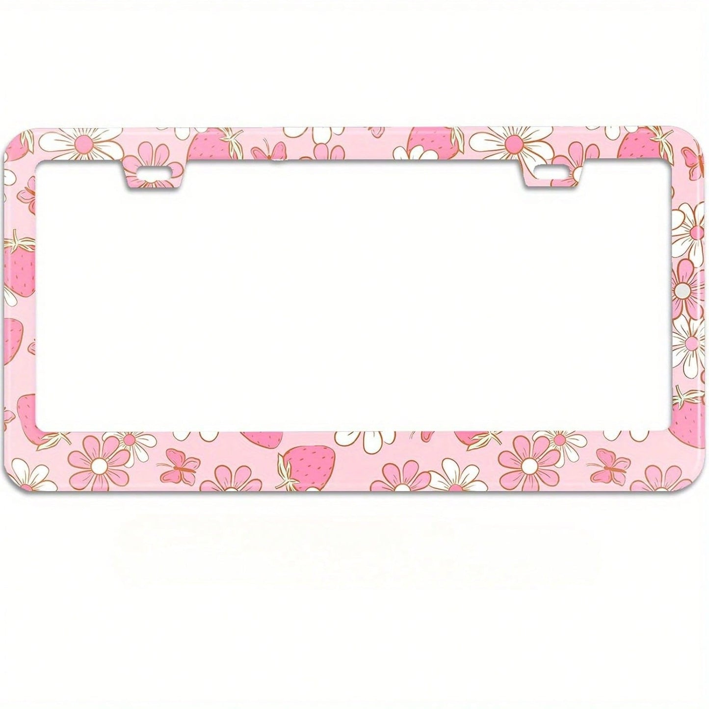 Pink Strawberry Butterfly Floral Car License Plate Frame, Stainless Steel Material, Rust-Resistant Design. This Car Accessory Includes Screws, Size Is 12.2X 6.3inch