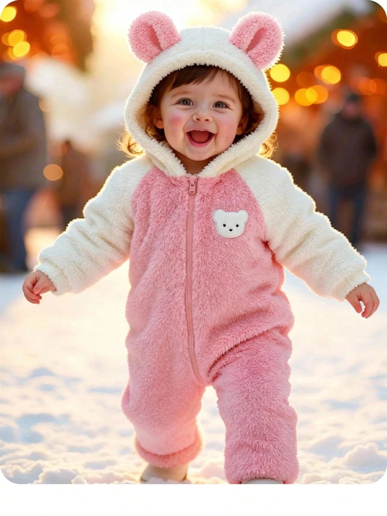 Pink Stripe Autumn Cute Club Newborn Baby Girl Plush Hooded Jumpsuit,Knitted Bear Patch Fluffy Color Matching Romper,Warm Winter Outdoor Casual Outfit