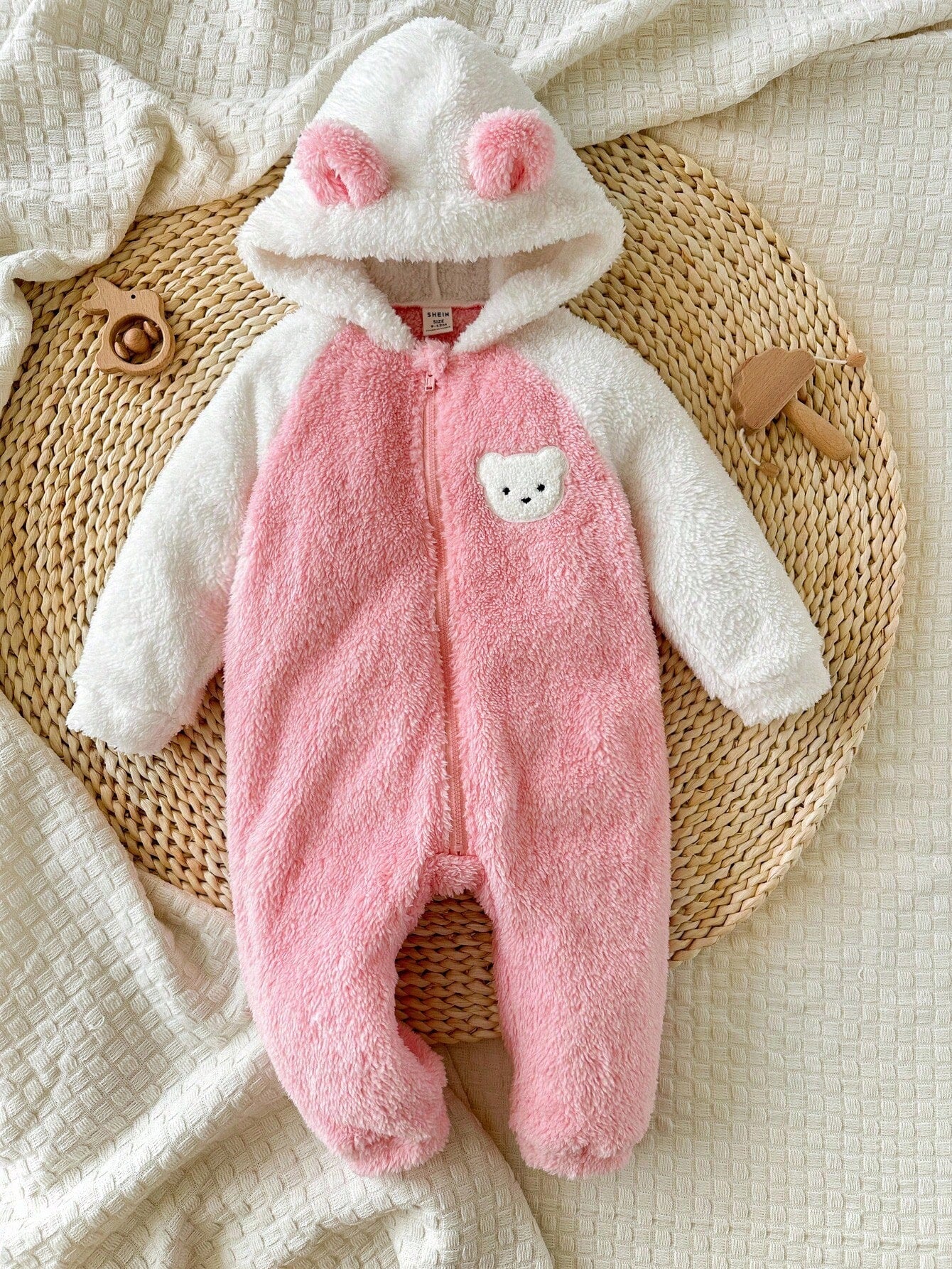 Pink Stripe Autumn Cute Club Newborn Baby Girl Plush Hooded Jumpsuit,Knitted Bear Patch Fluffy Color Matching Romper,Warm Winter Outdoor Casual Outfit