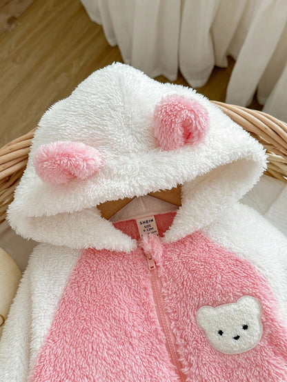 Pink Stripe Autumn Cute Club Newborn Baby Girl Plush Hooded Jumpsuit,Knitted Bear Patch Fluffy Color Matching Romper,Warm Winter Outdoor Casual Outfit