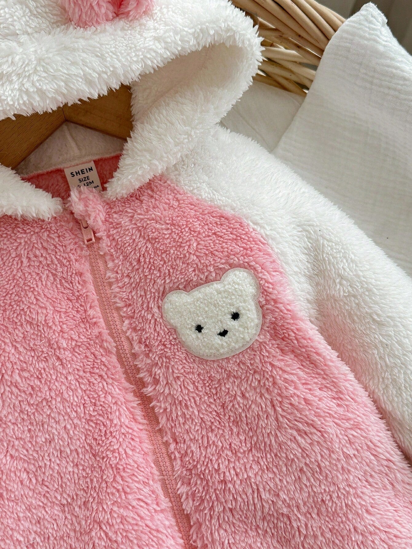 Pink Stripe Autumn Cute Club Newborn Baby Girl Plush Hooded Jumpsuit,Knitted Bear Patch Fluffy Color Matching Romper,Warm Winter Outdoor Casual Outfit