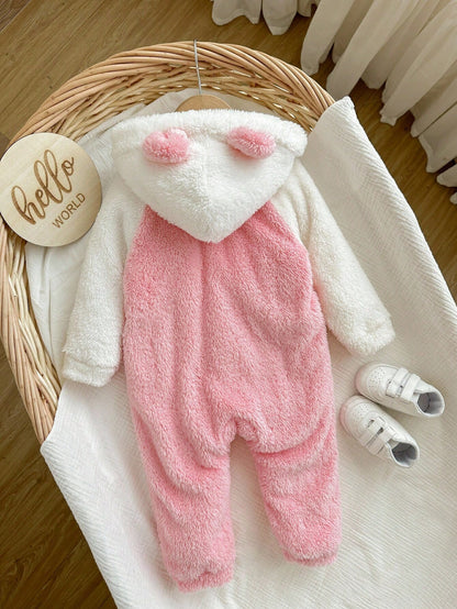 Pink Stripe Autumn Cute Club Newborn Baby Girl Plush Hooded Jumpsuit,Knitted Bear Patch Fluffy Color Matching Romper,Warm Winter Outdoor Casual Outfit