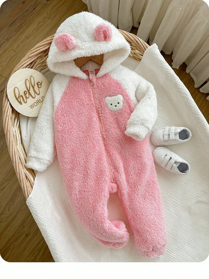 Pink Stripe Autumn Cute Club Newborn Baby Girl Plush Hooded Jumpsuit,Knitted Bear Patch Fluffy Color Matching Romper,Warm Winter Outdoor Casual Outfit