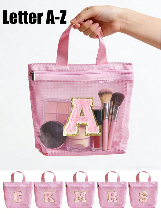 Pink Travel Toiletry Bag, With Embroidered Initial Towel, Durable Nylon Material, Mesh Design, Can Be Used As Handbag, Tote Bag, Ladies' Portable Zipper Storage Bag, Cosmetic Bag, Waterproof Multi-Fun