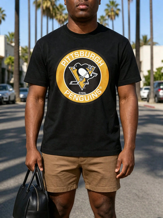 Pittsburgh Penguins Logo Print, Men's Black Short Sleeve Outdoor T-Shirt, For Sports Fans, Game Day Wear And Holiday Gift